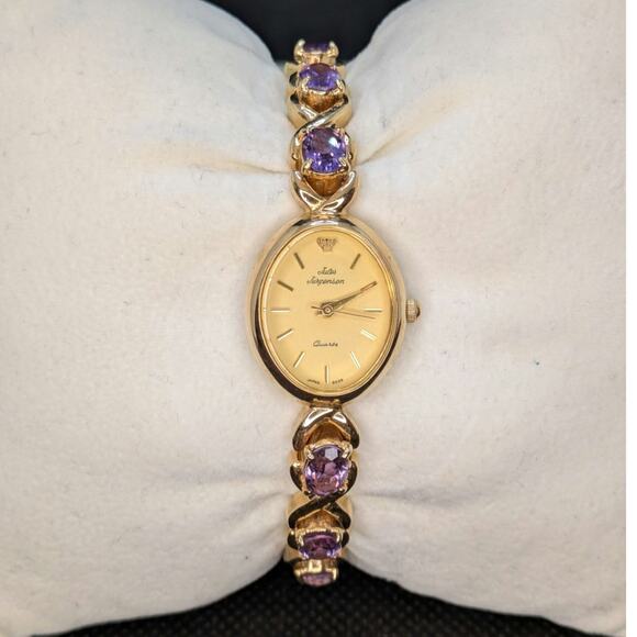 Jules Jurgensen Gold Amethyst Genuine Gemstone Designer Quartz Vintage Watch - Picture 1 of 8